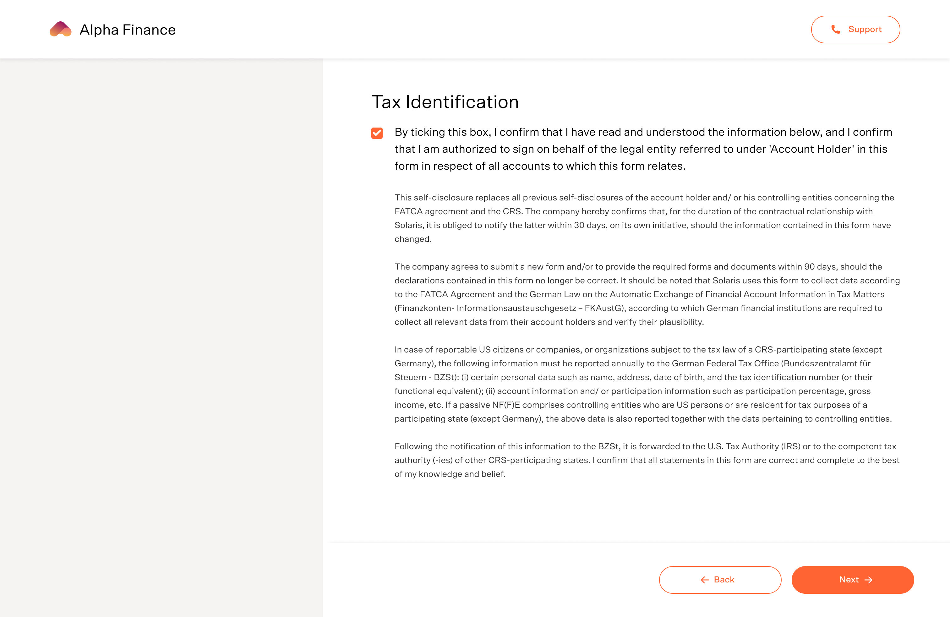 Screen: Business tax declaration example screen